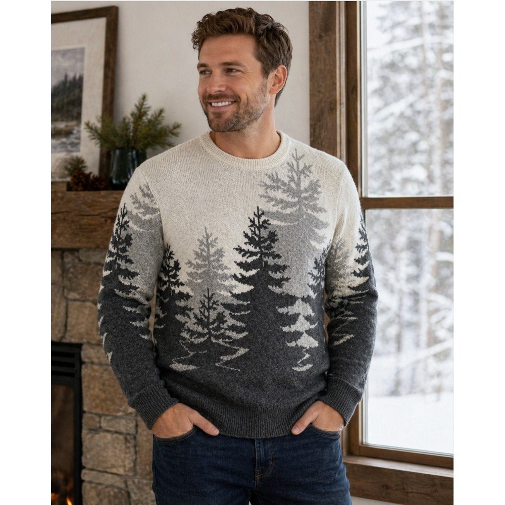 Club Room Sweater Large Gray Tree‎ Print Crewneck Wool Blend Winter NWT